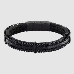 Bracelet Lotus acier et cuir noir