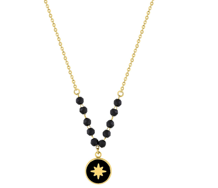 Collier Femme Noir, Acier Doré