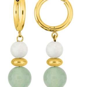 Boucles d&rsquo;oreilles Acier Doré, Pierres Rondes Vertes